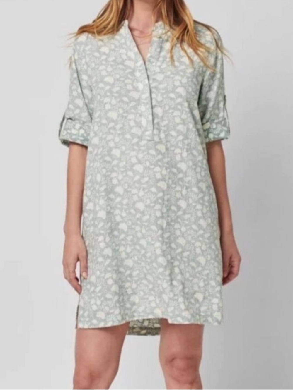 Faherty Penelope Linen Floral 3/4 Sleeve Popover Casual Dress Grey Green Cream M